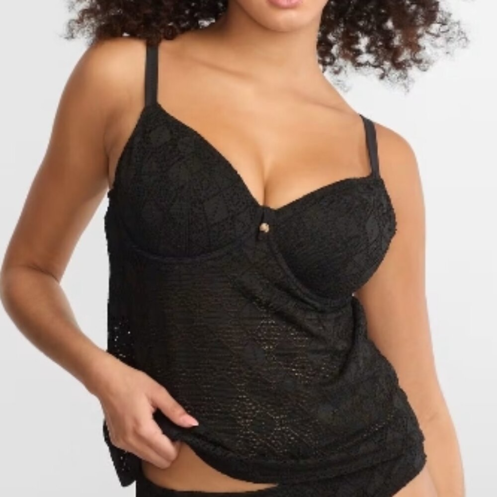 Freya Nomad Nights Underwire Plunge Tankini Swim Top Black 34 DD NWT